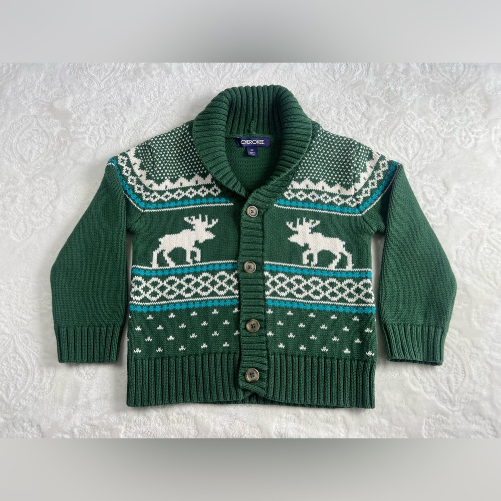 CHEROKEE Moose Cowl Neck Button Down Sweater Winter Fair Isle Size 3T Toddler